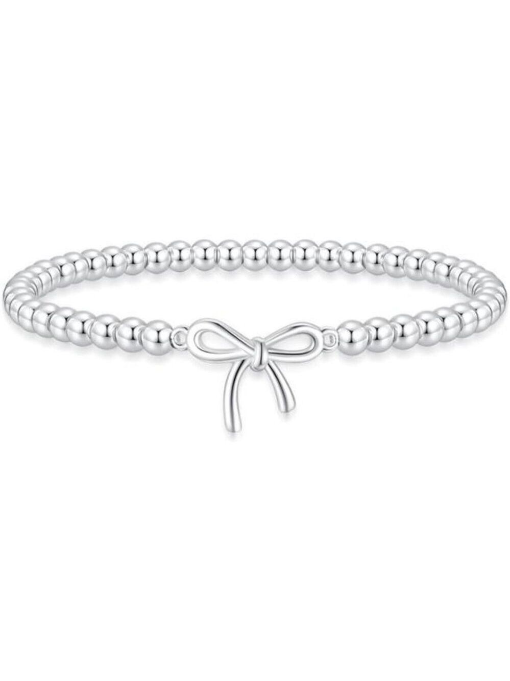 silver beaded stretch bracelet bow charm dainty stackable jewelry gift for women